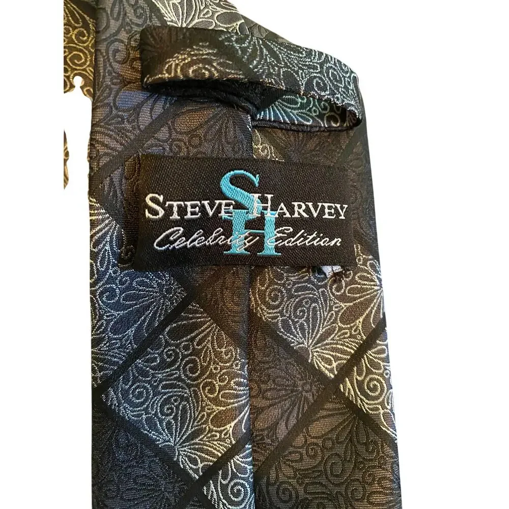 Steve Harvey Celebrity Edition‎ Black Silver Floral Geometric Neck Tie